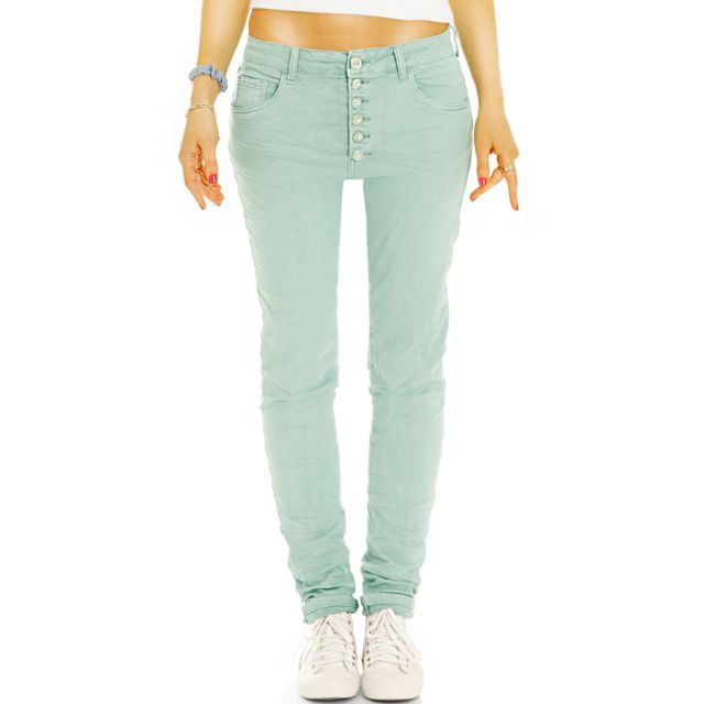 Medium - Low Waist Regular Jeans Tappered mit Knopfleiste - Bequeme Stretch Slim Fit Hose - Damen - j43p