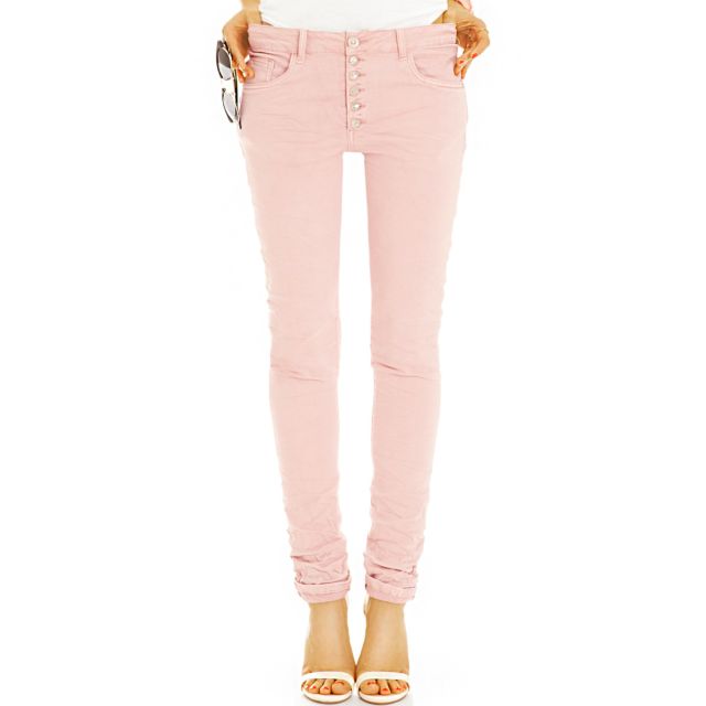 Medium - Low Waist Regular Jeans Tappered mit Knopfleiste - Bequeme Stretch Slim Fit Hose - Damen - j43p