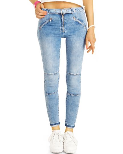 Skinny Röhrenjeans mit Gürtel & Zipper, enge Slim Stretch Fit in Vintage Used Hellblau - Damen - j8p